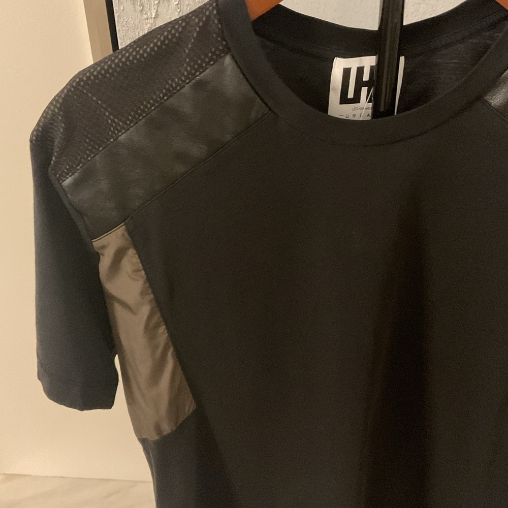 ***Les Hommes *** Black and Olive Nylon and Eco Leather Panels T- Shirt . - Picture 5 of 10